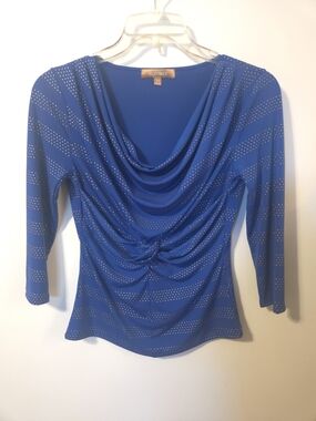Ellen Tracy Cobalt Blue Draped Cowl Ruched Top with Rhinestone Stripes